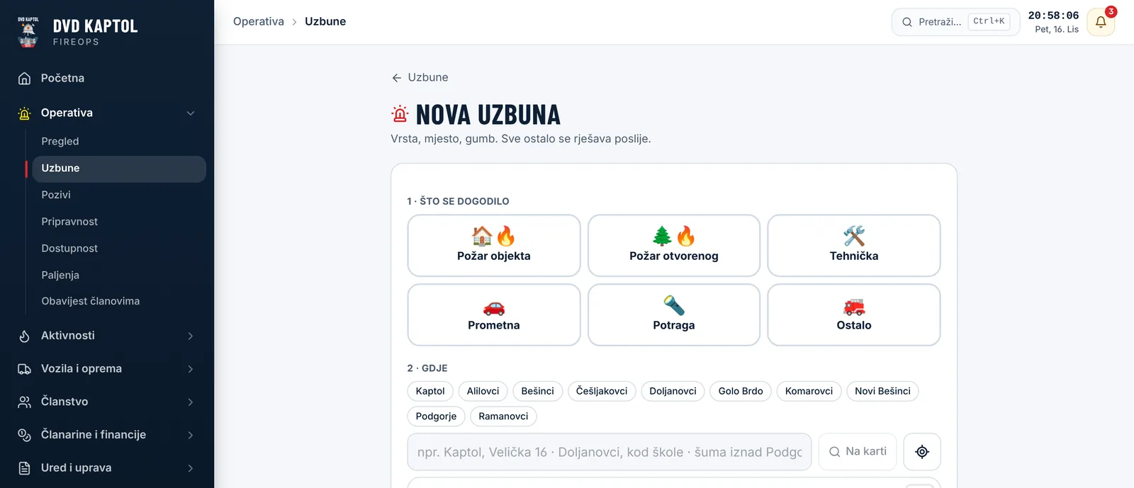 Pokretanje uzbune u FireOpsu: odabir vrste događaja, naselja i mjesta na karti